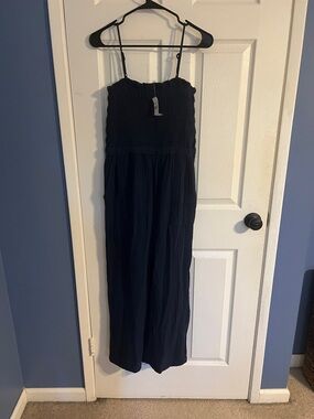Navy Smocked Strap Jumpsuit